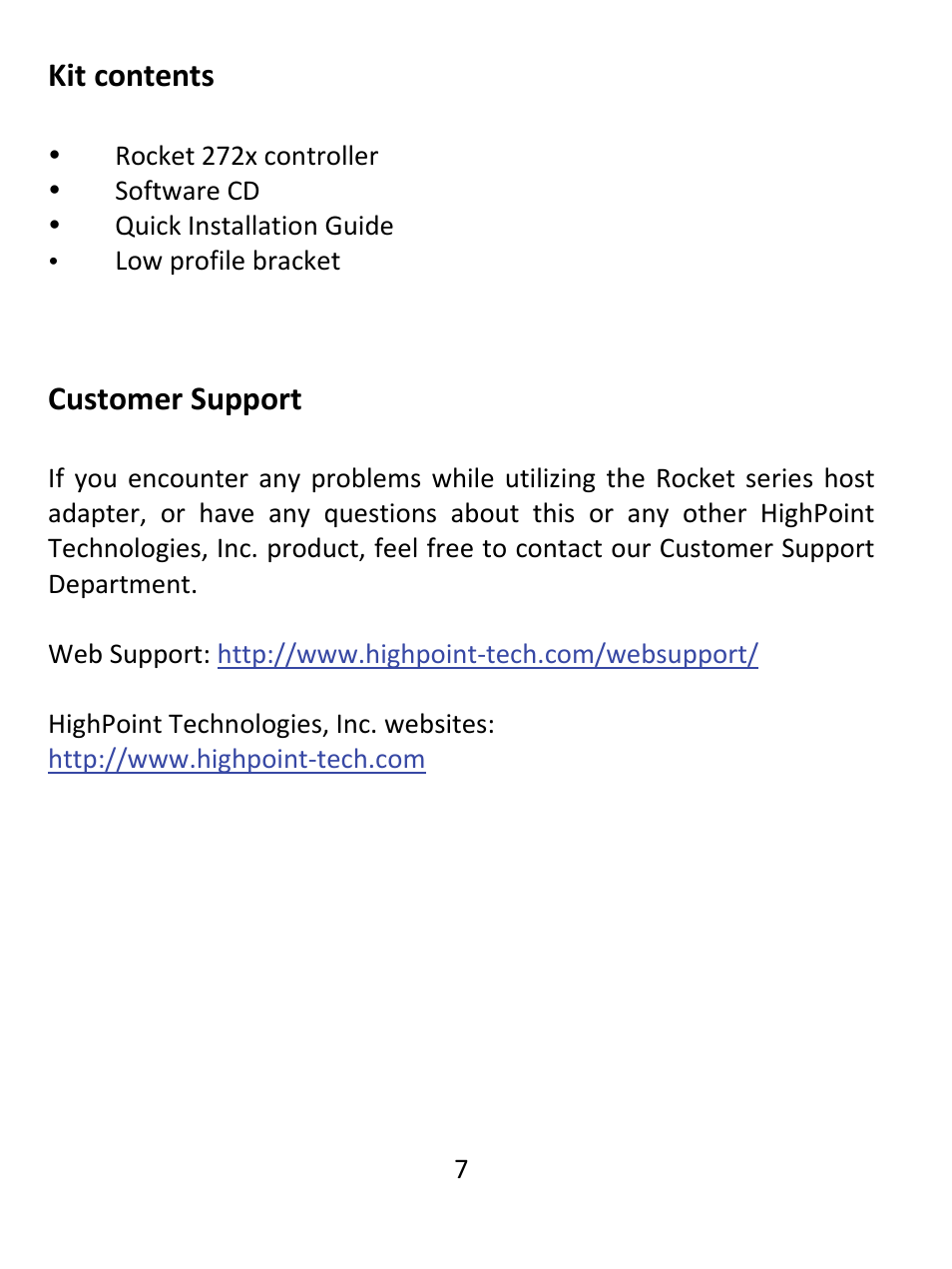 Kit contents, Customer support | HighPoint Rocket 2720SGL User Manual | Page 7 / 8