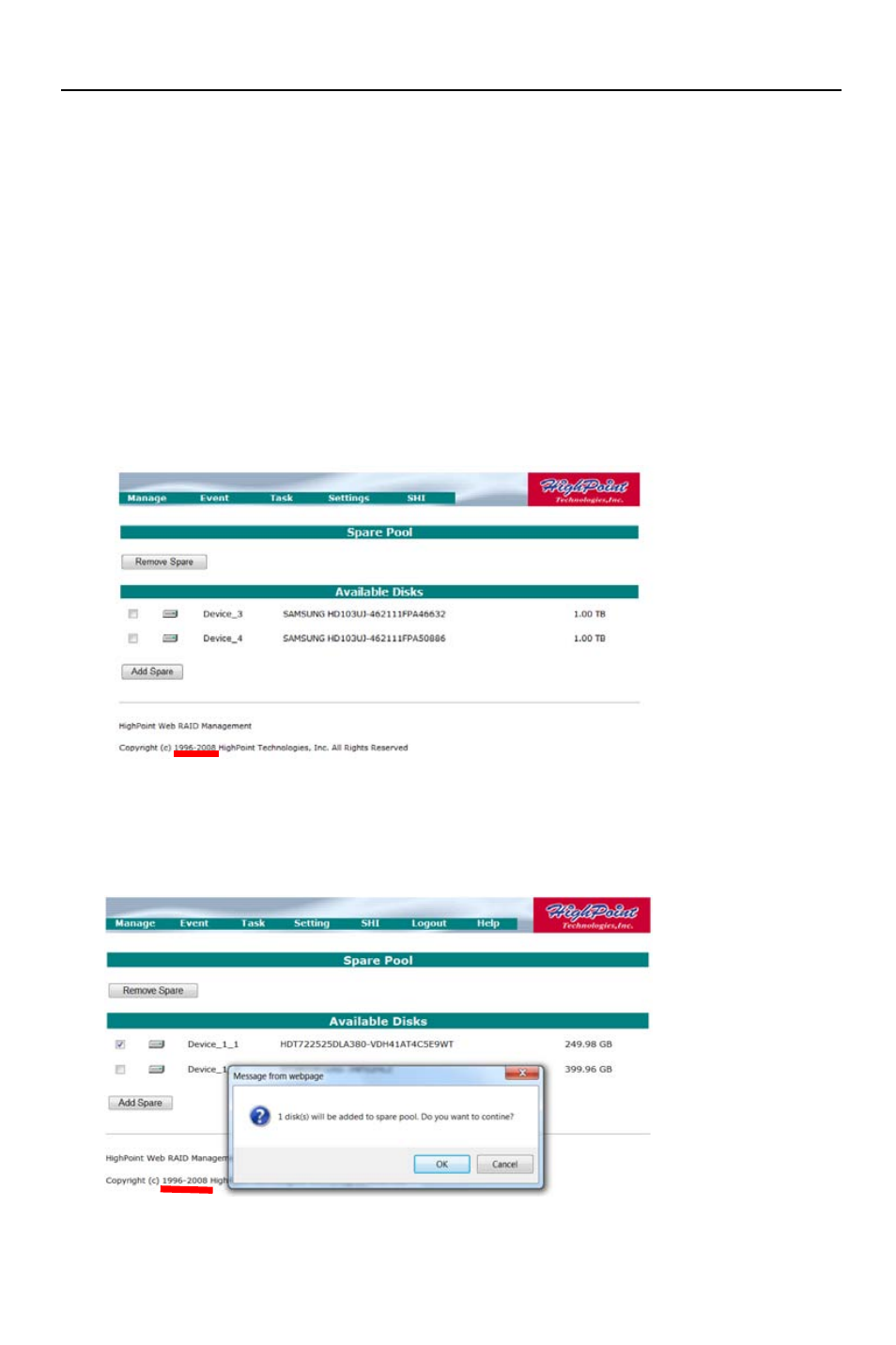 5 - web gui - configuring spare disks, To assign a spare disk | HighPoint RocketRAID 2782 User Manual | Page 40 / 60