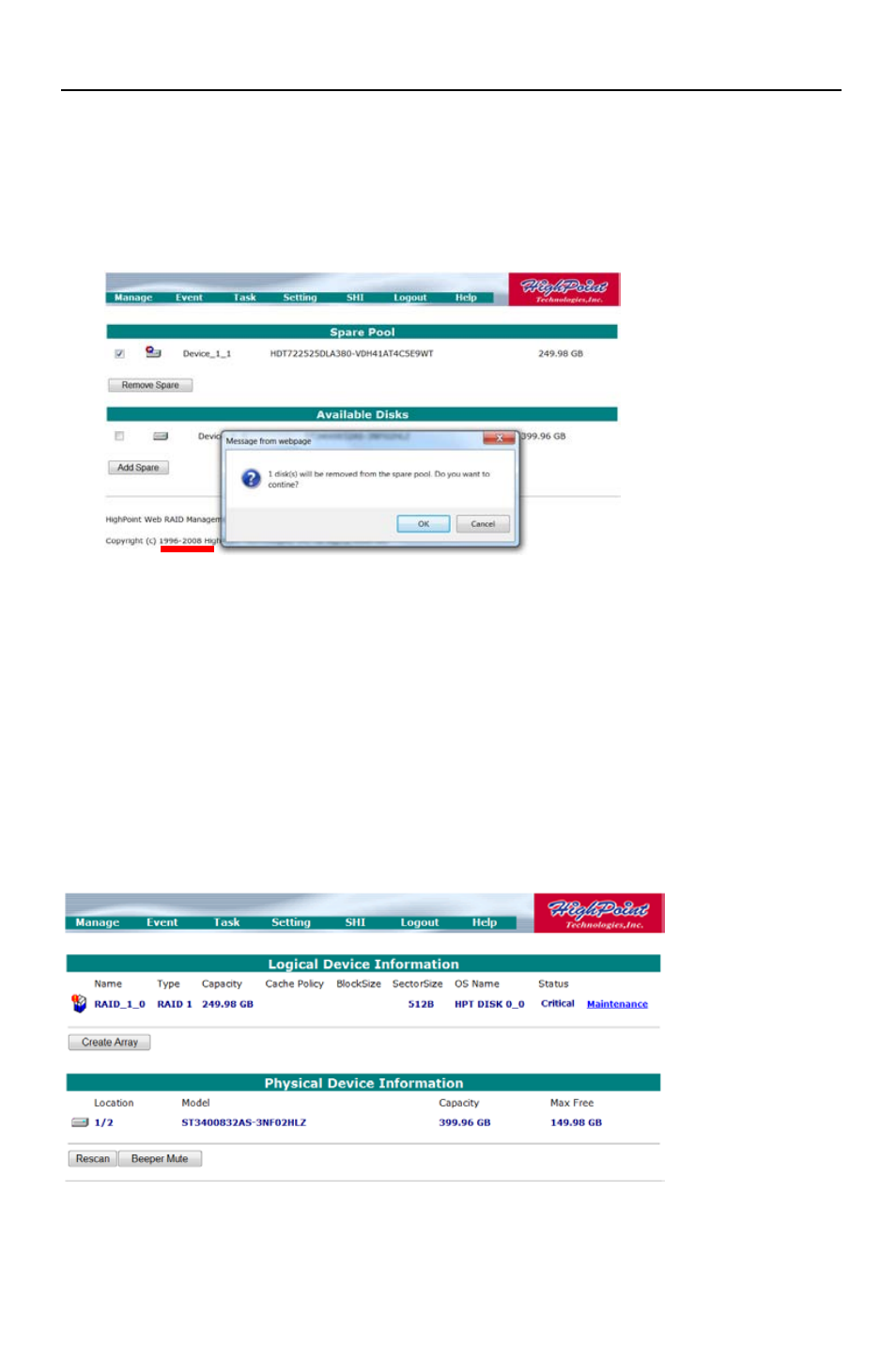 6 - web gui - recovering an array | HighPoint RocketRAID 2782 User Manual | Page 41 / 60