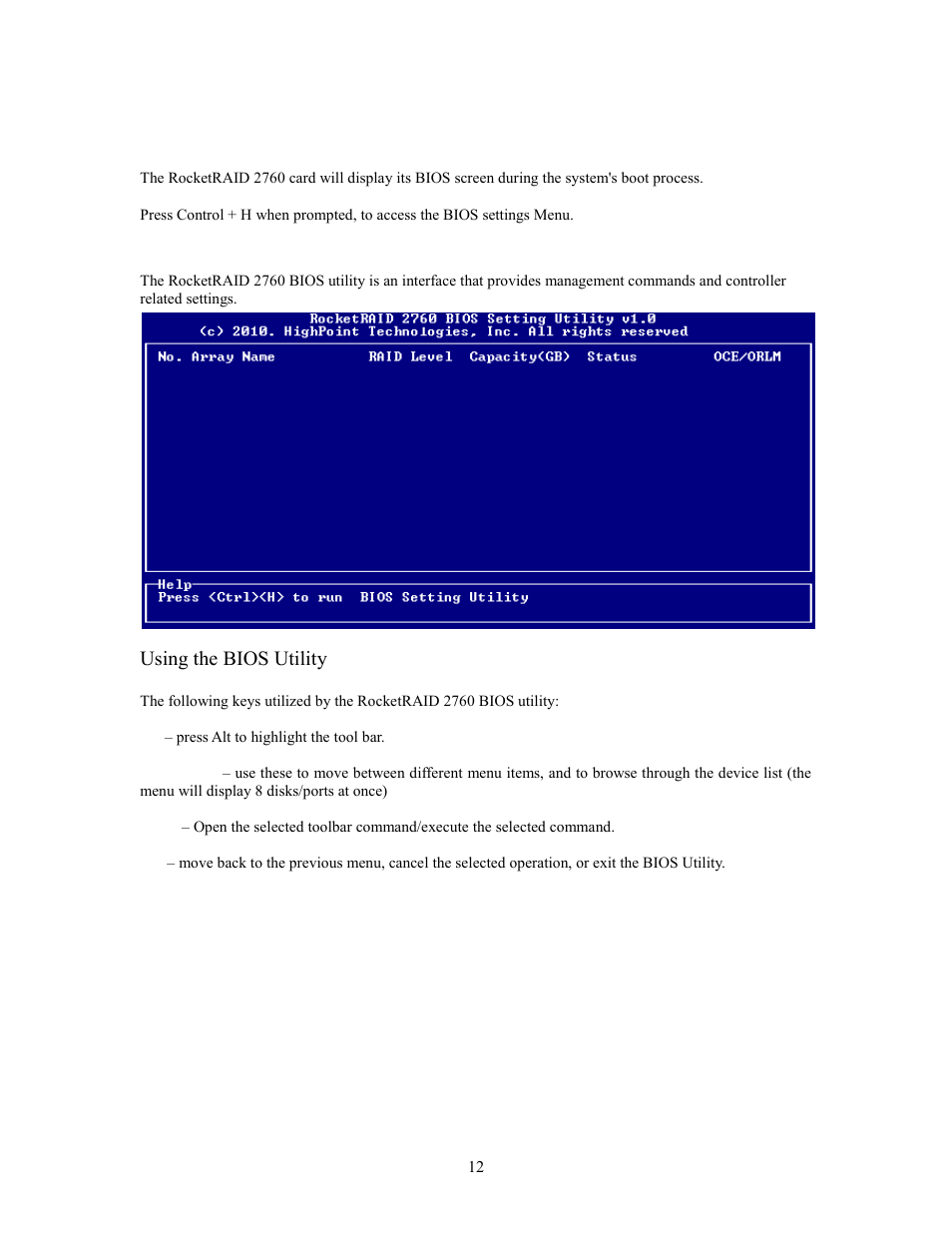 Rocketraid bios utility, 1 - bios settings overview, Using the bios utility | HighPoint RocketRAID 2760A User Manual | Page 12 / 60