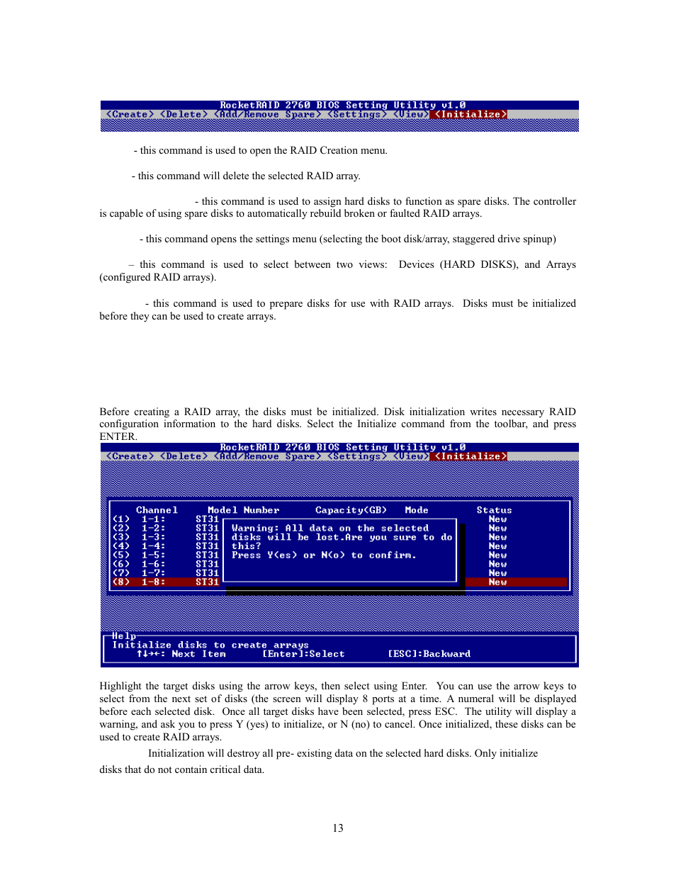 Bios commands, 2 - creating raid arrays | HighPoint RocketRAID 2760A User Manual | Page 13 / 60