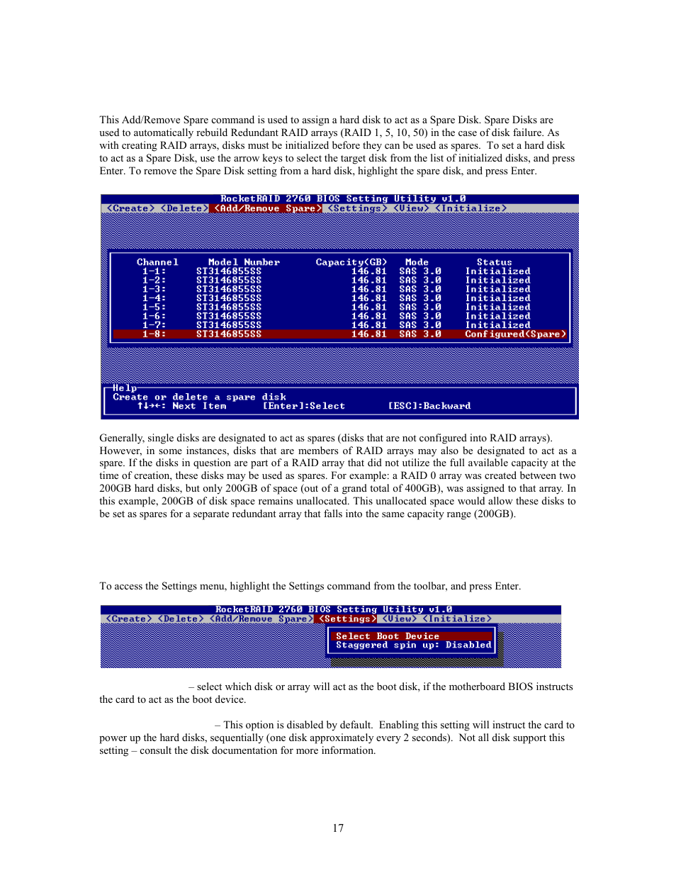 4 - add/remove spare disks, 5 - settings | HighPoint RocketRAID 2760A User Manual | Page 17 / 60