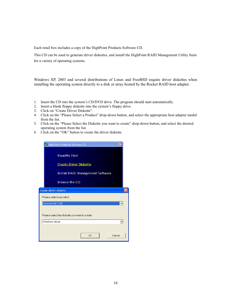 Highpoint software cd, Creating a driver diskette | HighPoint RocketRAID 2760A User Manual | Page 18 / 60