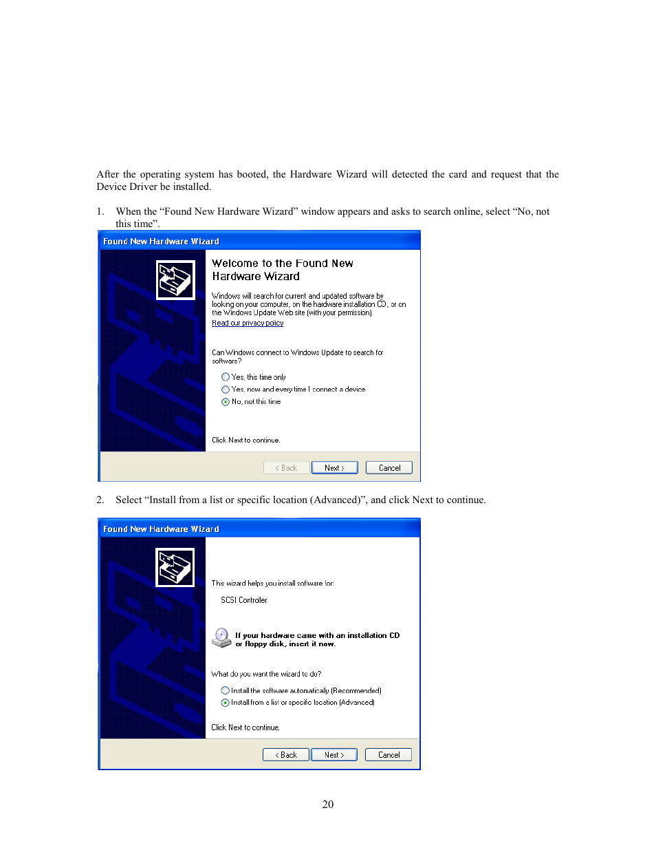 Rocketraid 2760 windows driver installation, Windows xp, 2003 | HighPoint RocketRAID 2760A User Manual | Page 20 / 60