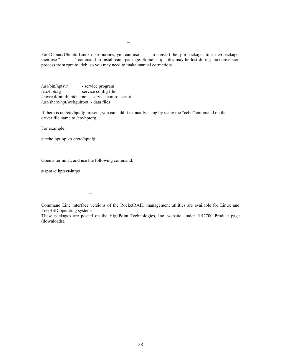 Linux distributions – command line interface (cli) | HighPoint RocketRAID 2760A User Manual | Page 28 / 60