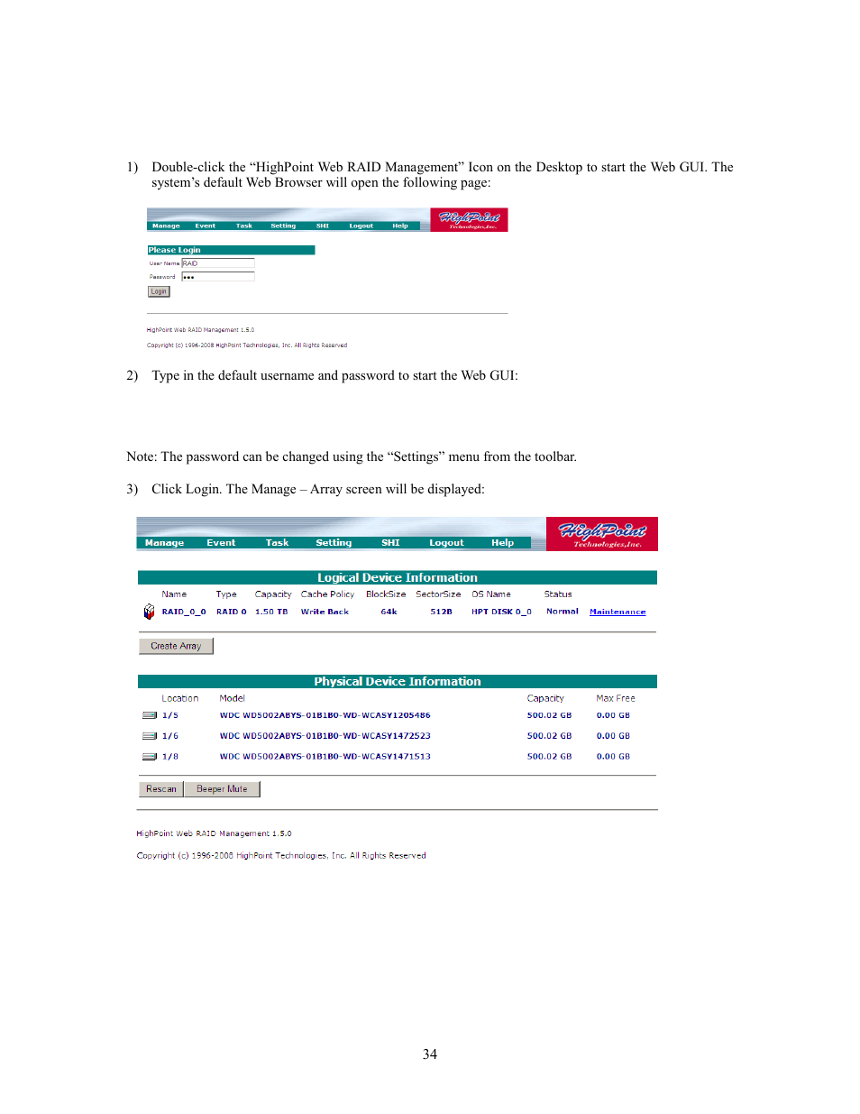 2 - starting the web gui | HighPoint RocketRAID 2760A User Manual | Page 34 / 60