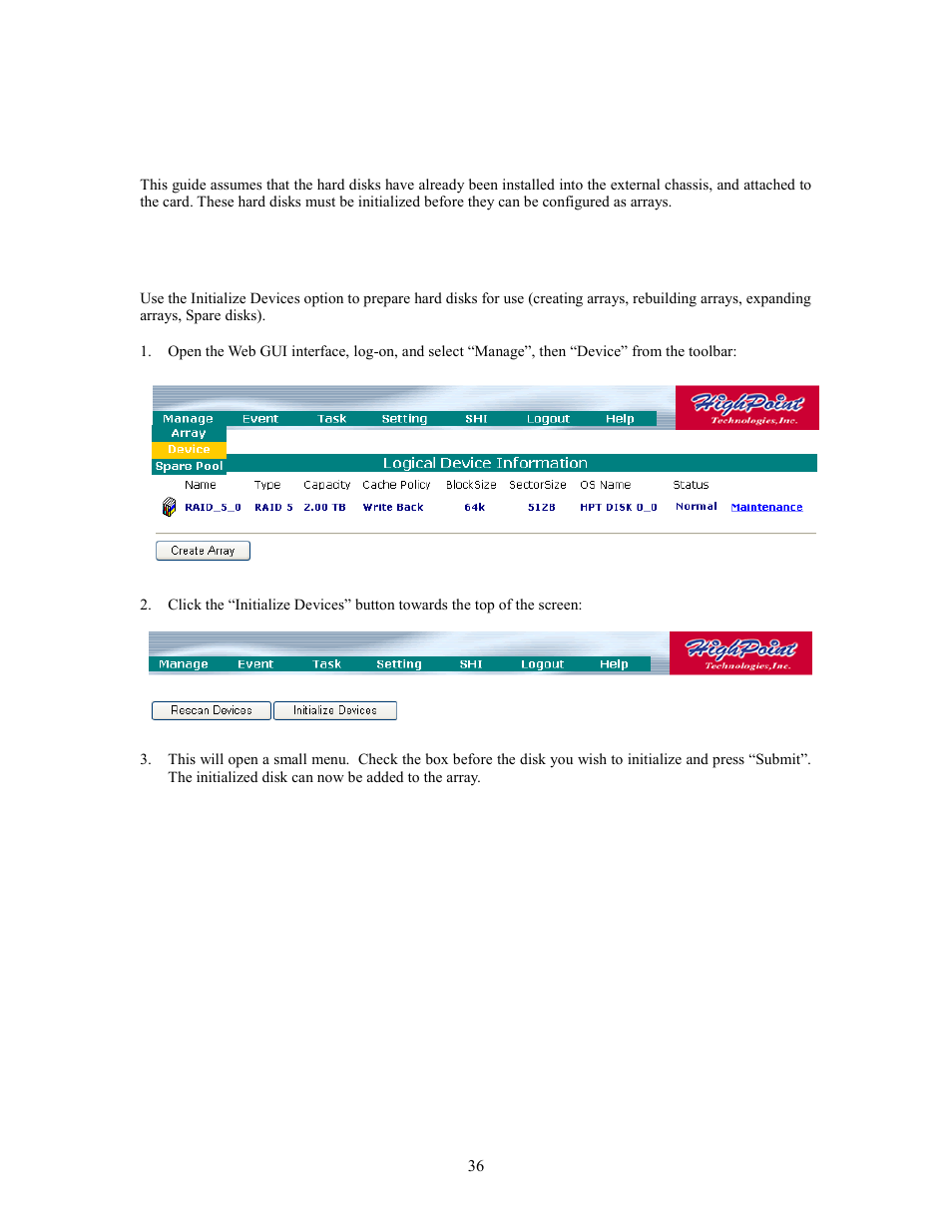 4 - web gui - configuring an array, Initializing a new hard drive | HighPoint RocketRAID 2760A User Manual | Page 36 / 60