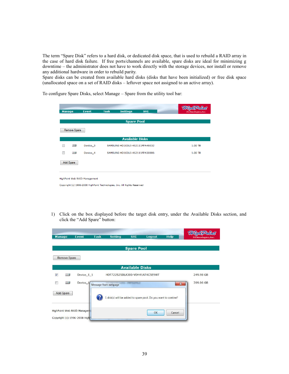 5 - web gui - configuring spare disks, To assign a spare disk | HighPoint RocketRAID 2760A User Manual | Page 39 / 60