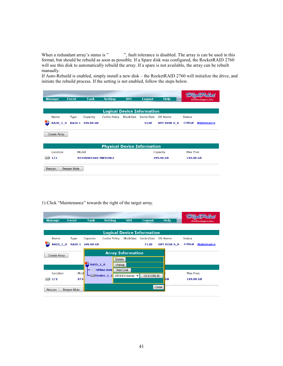 6 - web gui - recovering an array, To rebuild an array | HighPoint RocketRAID 2760A User Manual | Page 41 / 60