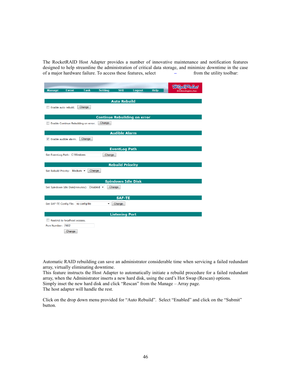 8 - web gui - safeguarding your array, Automatic raid rebuilding | HighPoint RocketRAID 2760A User Manual | Page 46 / 60