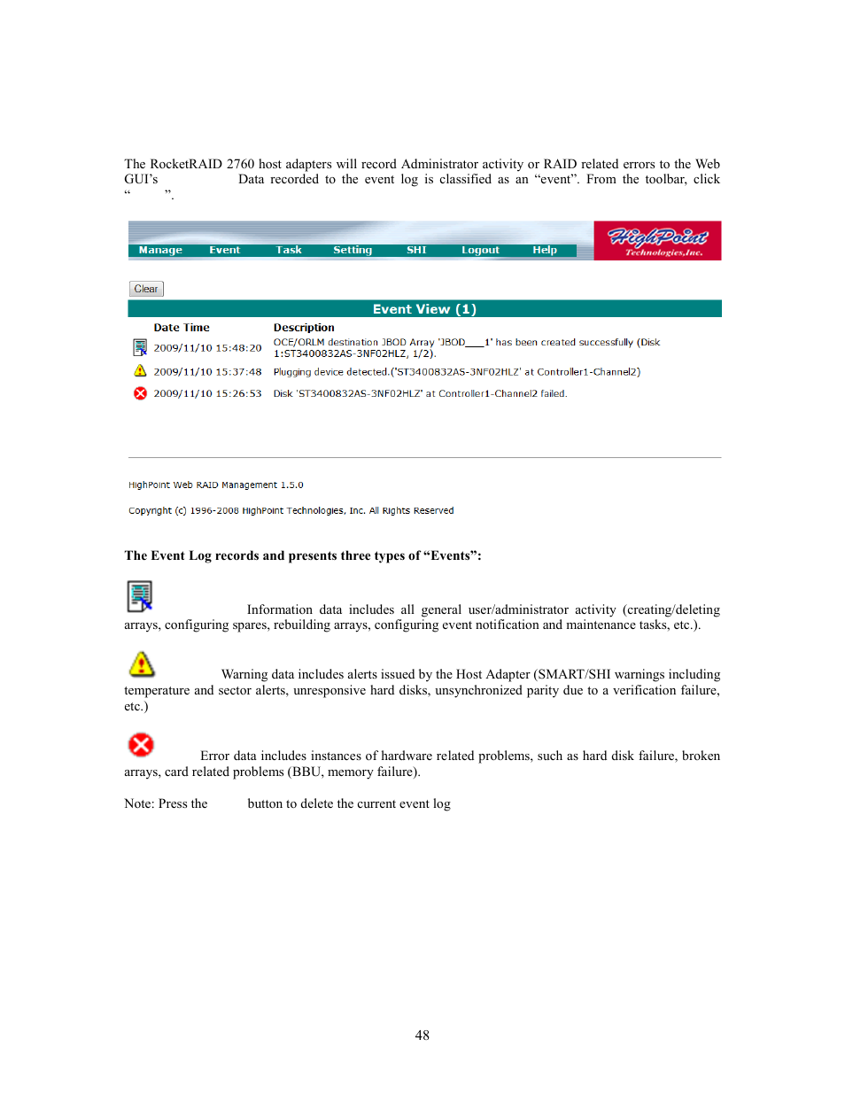 9 - web gui - event notification | HighPoint RocketRAID 2760A User Manual | Page 48 / 60