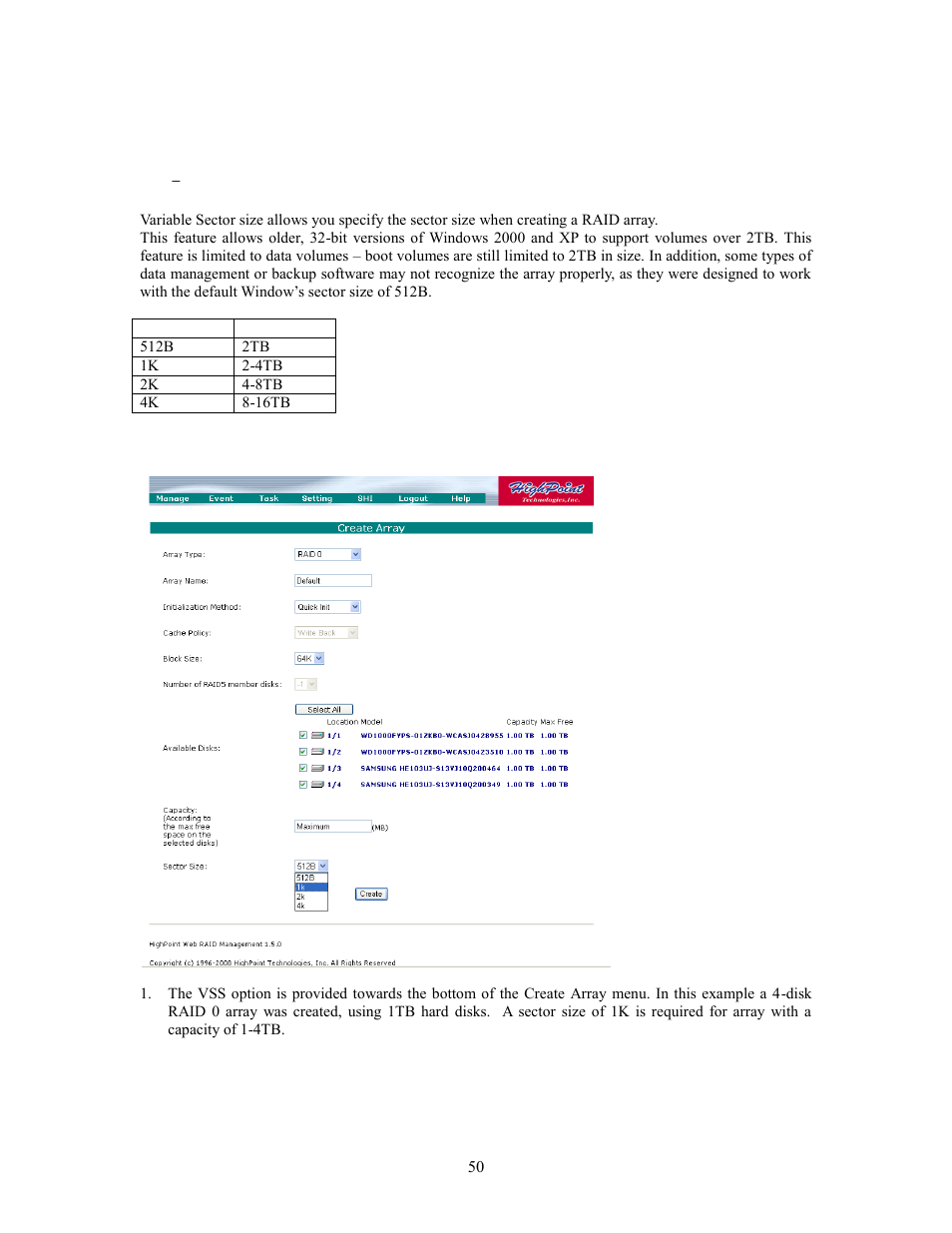 Vss – variable sector size | HighPoint RocketRAID 2760A User Manual | Page 50 / 60