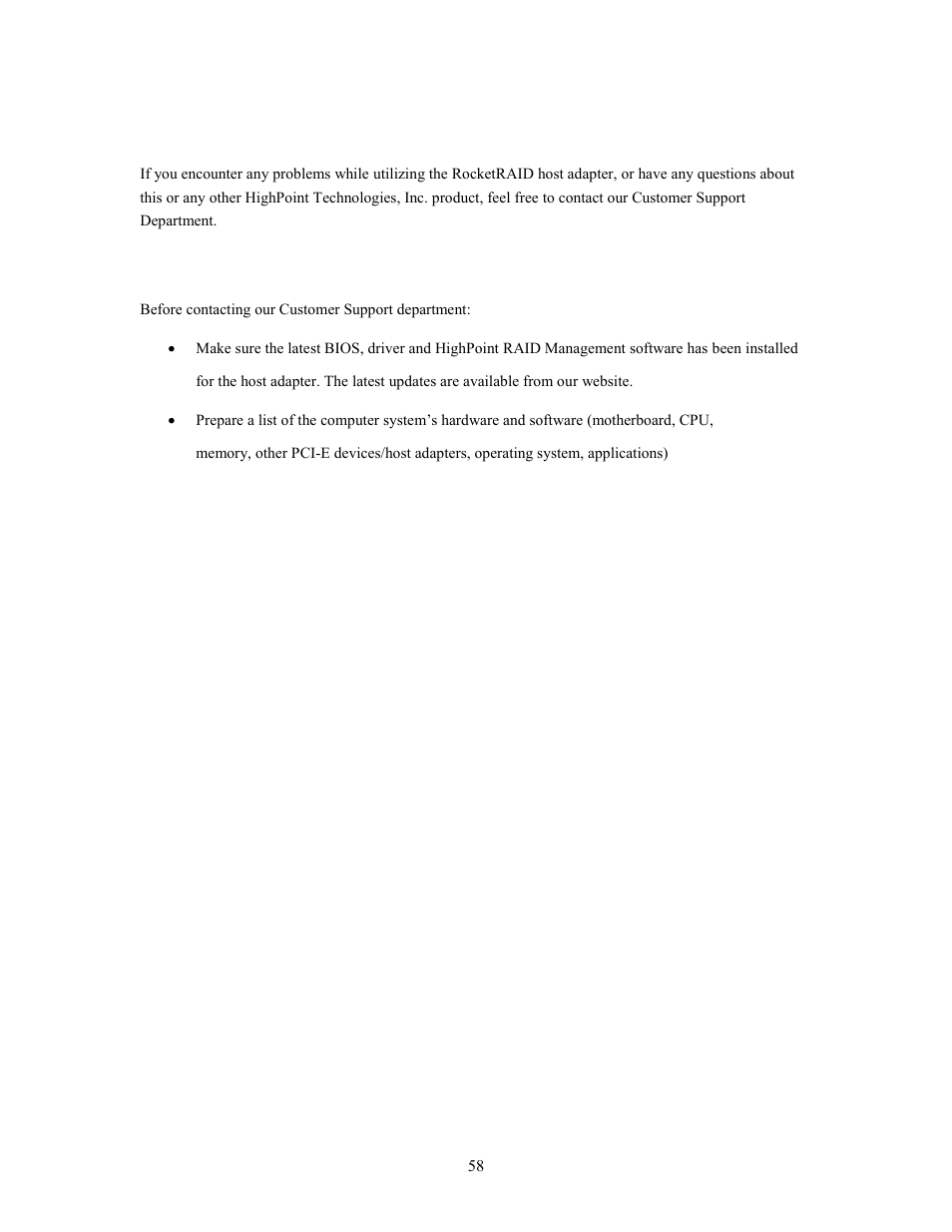 Customer support, Troubleshooting checklist | HighPoint RocketRAID 2760A User Manual | Page 58 / 60