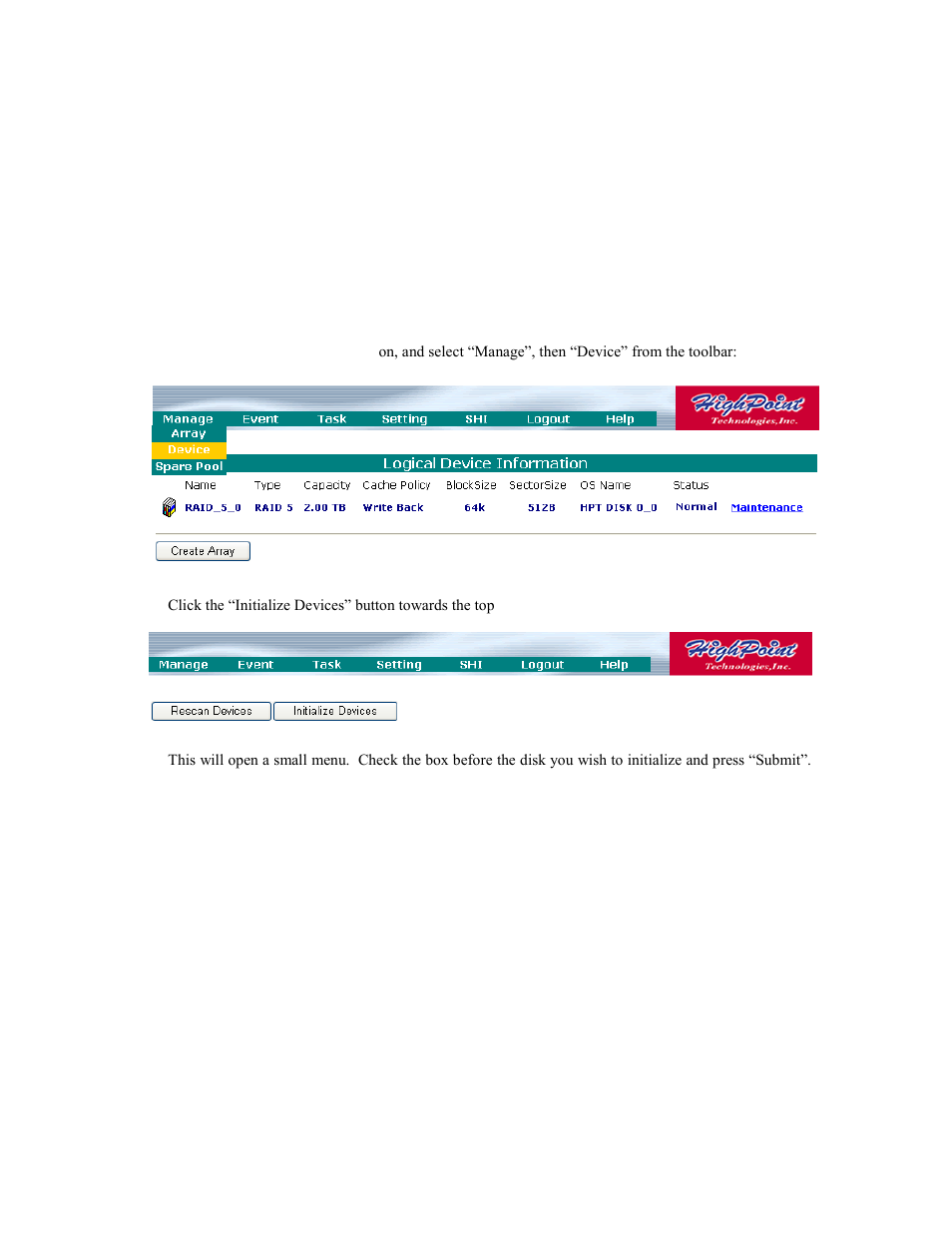 4 - web gui - configuring an array, Initializing a new hard drive | HighPoint RocketRAID 2740 User Manual | Page 37 / 65