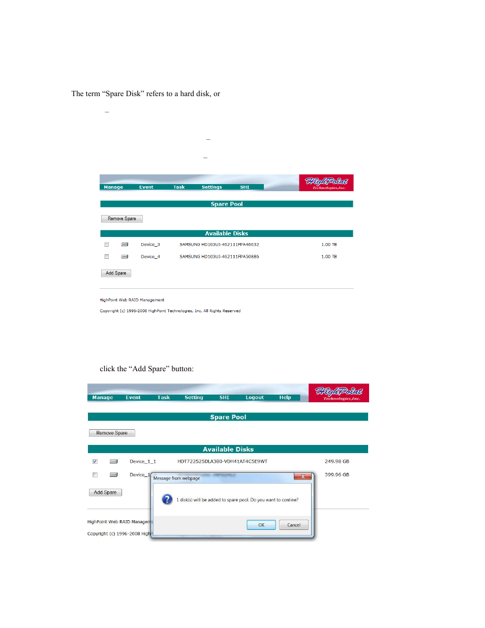 5 - web gui - configuring spare disks, To assign a spare disk | HighPoint RocketRAID 2740 User Manual | Page 40 / 65