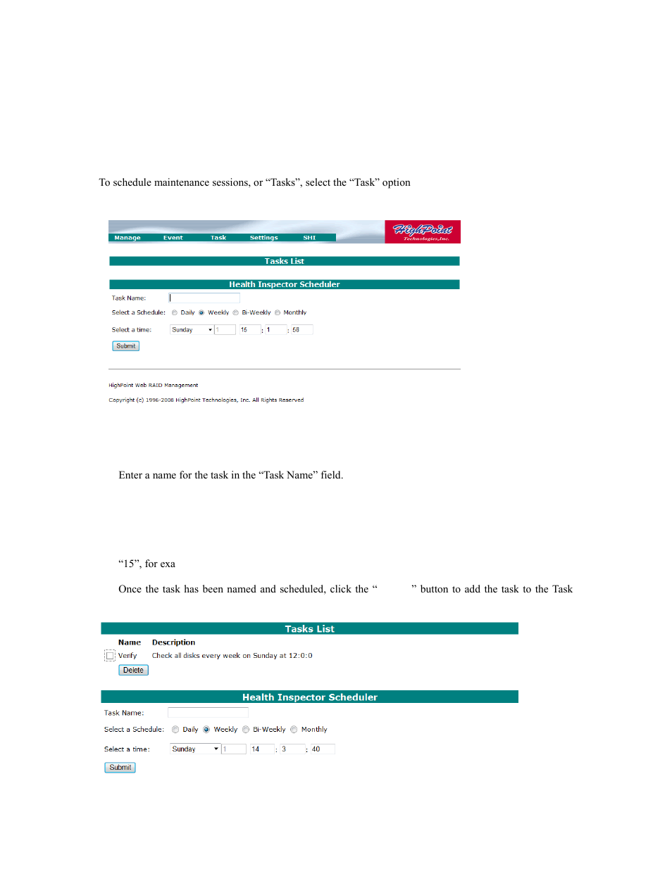7 - web gui - maintaining raid arrays, Scheduling tasks | HighPoint RocketRAID 2740 User Manual | Page 44 / 65