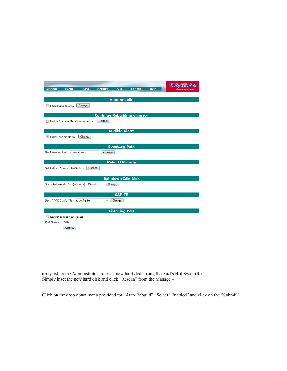 8 - web gui - safeguarding your array, Automatic raid rebuilding | HighPoint RocketRAID 2740 User Manual | Page 47 / 65