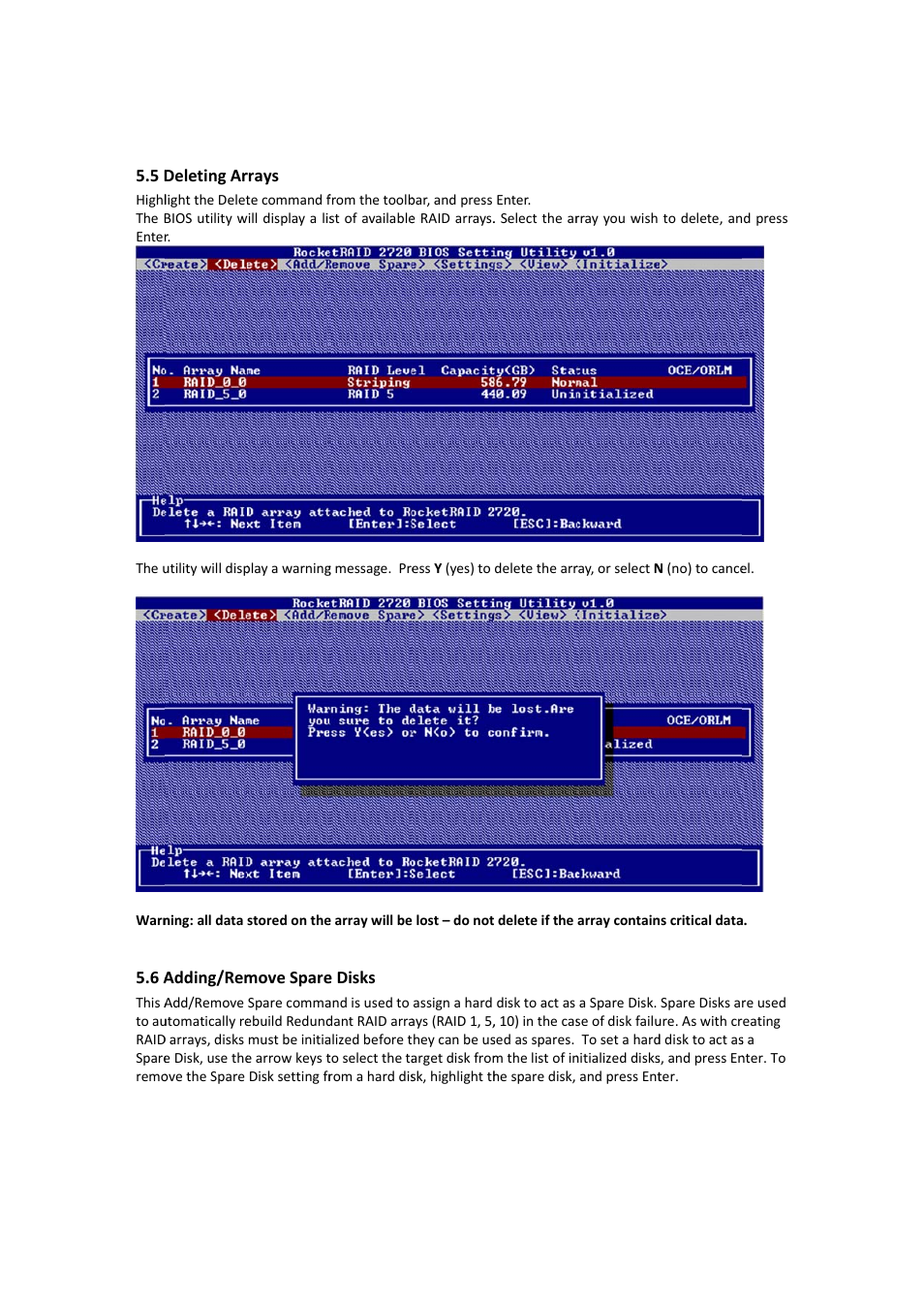 Deleting arrays, Adding/remove spare disks, 5 deleting arrays | 6 adding/remove spare disks | HighPoint RocketRAID 2710 User Manual | Page 13 / 23
