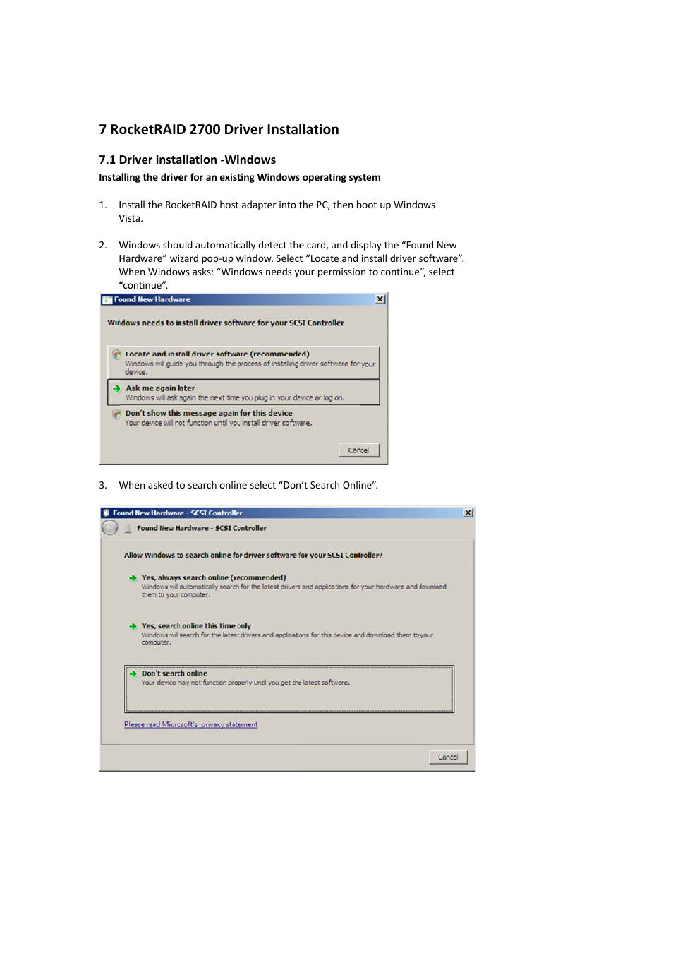 Rocketraid 272x/271x driver installation, Driver installation -windows, 7 rocketraid 272x/271x driver installation | 1 driver installation -windows, 7 ro, Ocketraid, D 2700 dri, Iver instal, Llation | HighPoint RocketRAID 2710 User Manual | Page 16 / 23