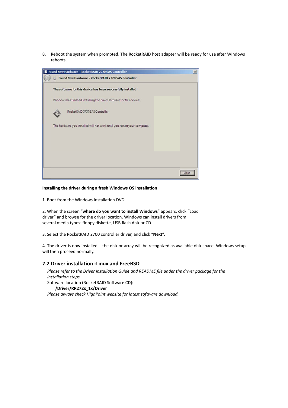 Driver installation -linux and freebsd, 2 driver installation -linux and freebsd | HighPoint RocketRAID 2710 User Manual | Page 19 / 23