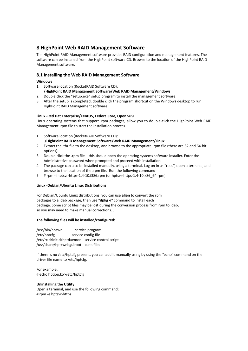 Highpoint web raid management software, Installing the web raid management software, 8 highpoint web raid management software | 1 installing the web raid management software | HighPoint RocketRAID 2710 User Manual | Page 20 / 23