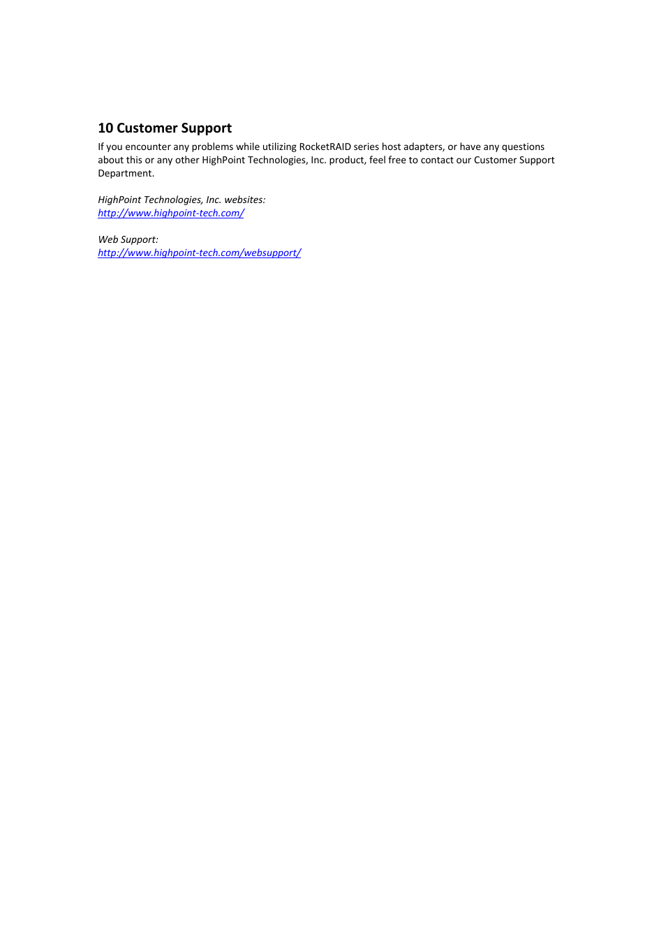 Customer support, 10 customer support | HighPoint RocketRAID 2710 User Manual | Page 23 / 23