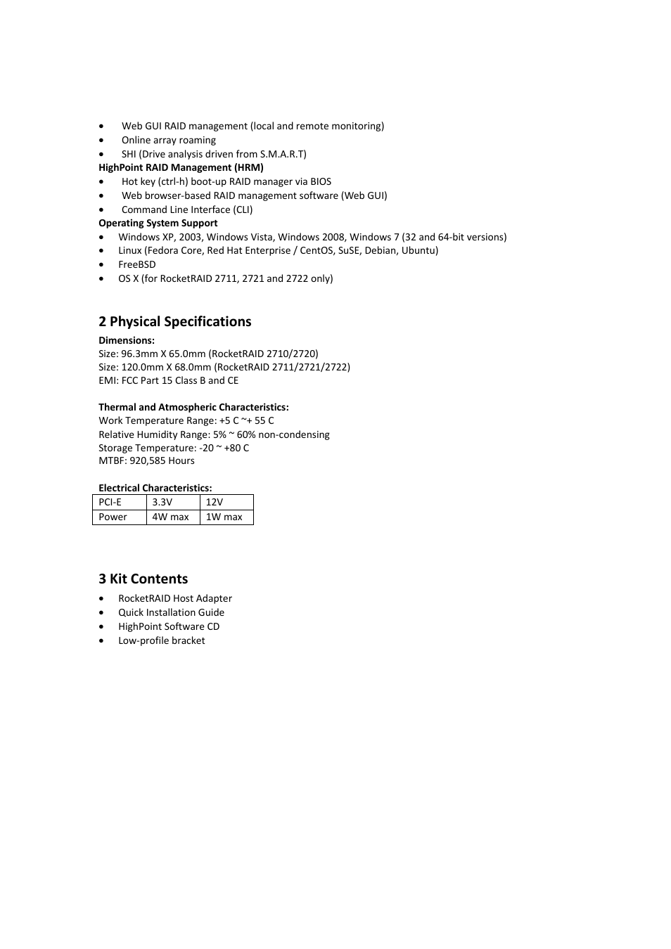 Physical specifications, Kit contents, 2 physical specifications | 3 kit contents | HighPoint RocketRAID 2710 User Manual | Page 5 / 23
