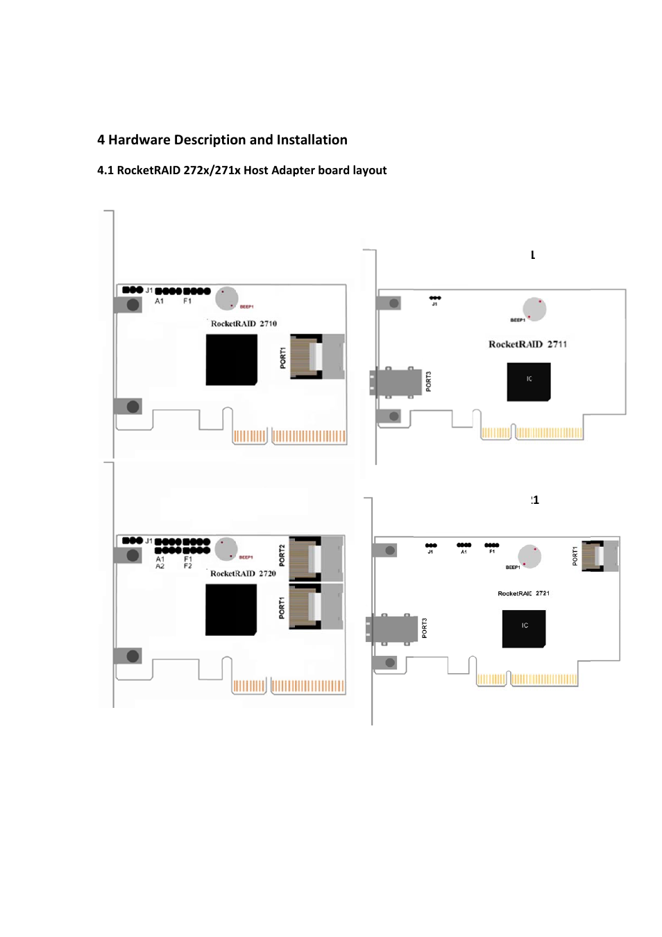 Hardware description and installation, Rocketraid 272x/271x host adapter board layout, 4 hardware description and installation | 1 rocketraid 272x/271x host adapter board layout | HighPoint RocketRAID 2710 User Manual | Page 6 / 23