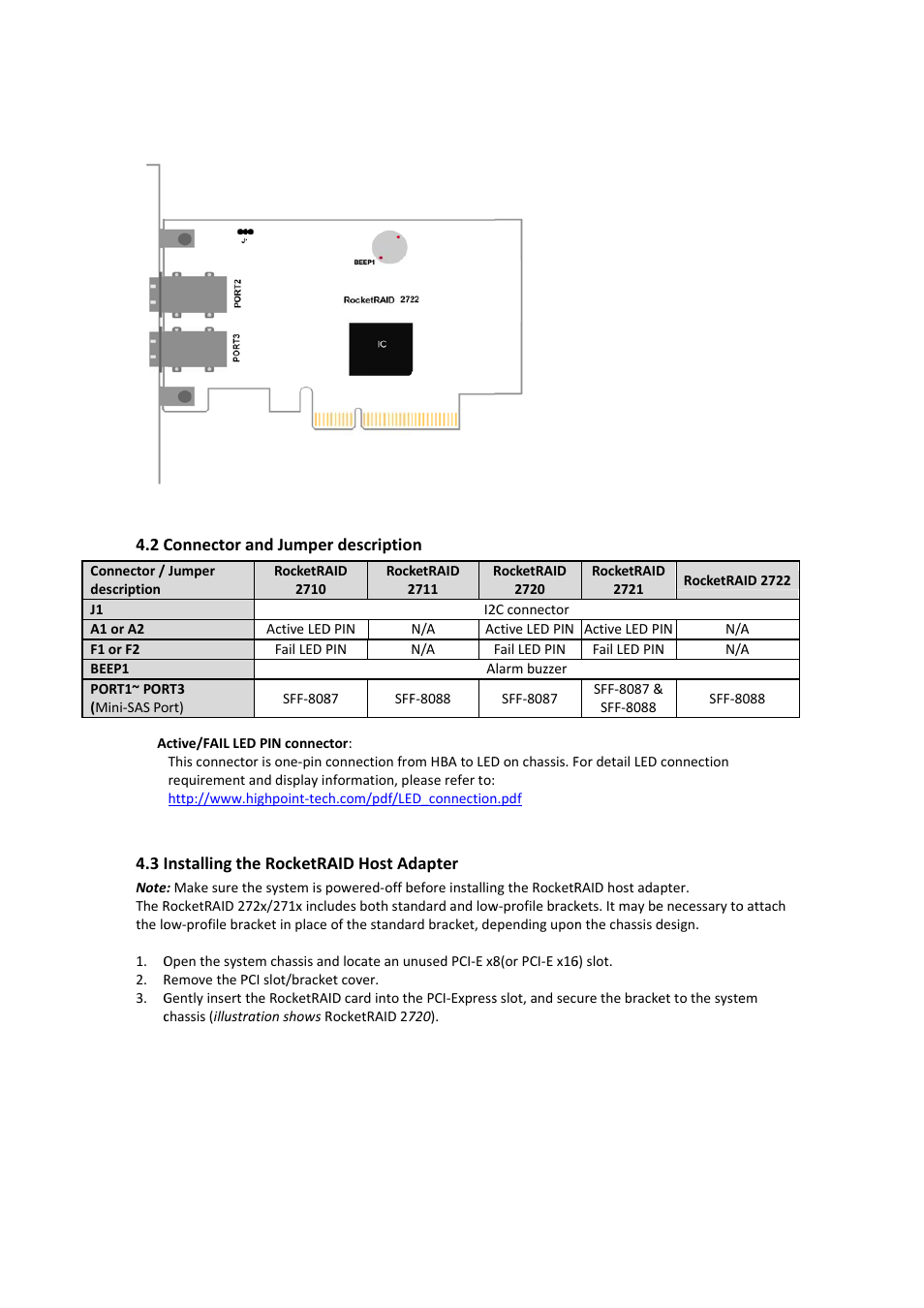 Connector and jumper description, Installing the rocketraid host adapter, 2 connector and jumper description | 3 installing the rocketraid host adapter | HighPoint RocketRAID 2710 User Manual | Page 7 / 23