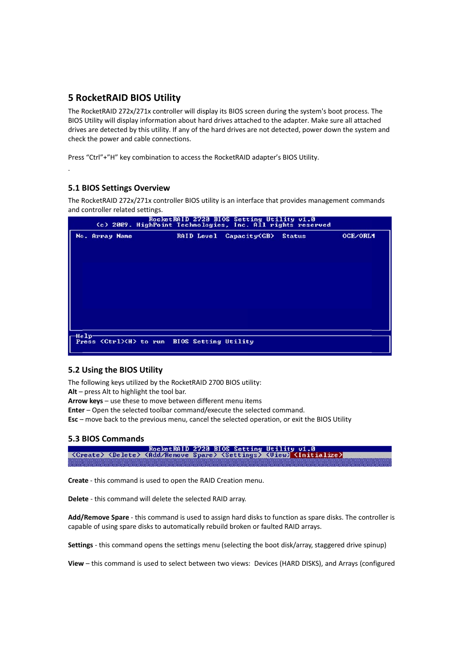 Rocketraid bios utility, Bios settings overview, Using the bios utility | Bios commands, 5 rocketraid bios utility, 1 bios settings overview, 2 using the bios utility, 3 bios commands, 5 ro, Ocketraid | HighPoint RocketRAID 2710 User Manual | Page 9 / 23