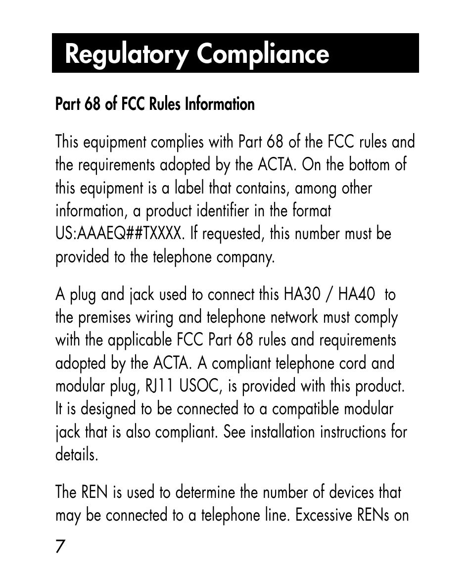 Regulatory compliance | Ameriphone HA40 User Manual | Page 19 / 50