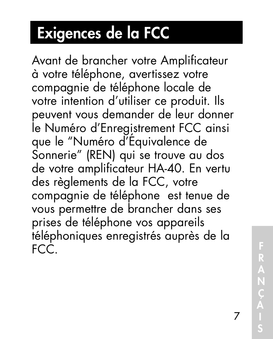 Exigences de la fcc | Ameriphone HA40 User Manual | Page 47 / 50