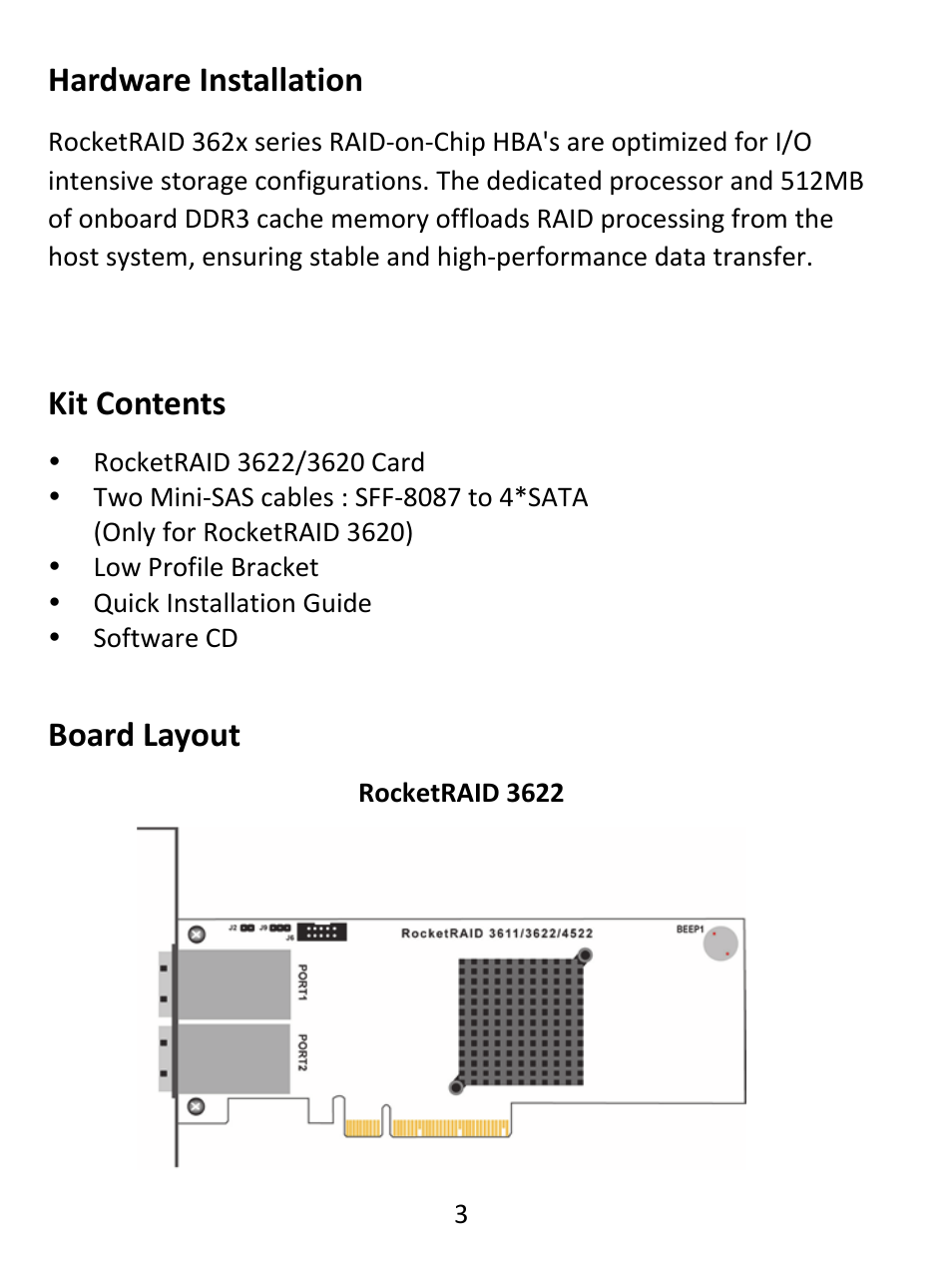 Hardware installation, Kit contents, Board layout | HighPoint RocketRAID 362x User Manual | Page 3 / 8