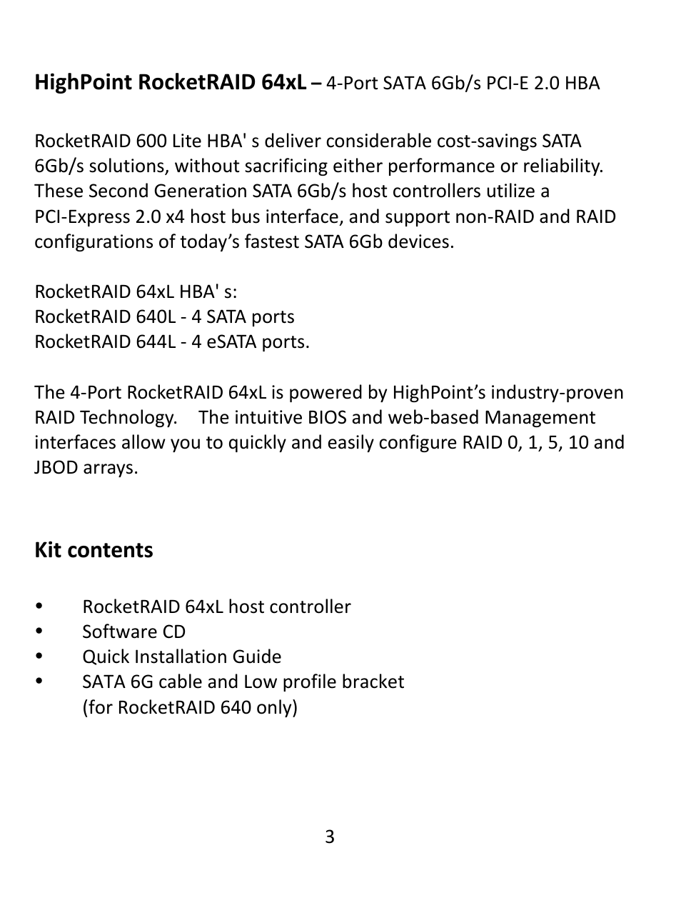 Highpoint rocketraid 64xl, Kit contents | HighPoint RocketRAID 644LS User Manual | Page 3 / 8