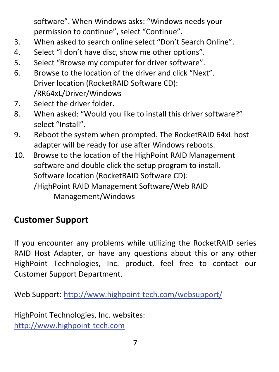 Customer support | HighPoint RocketRAID 644LS User Manual | Page 7 / 8