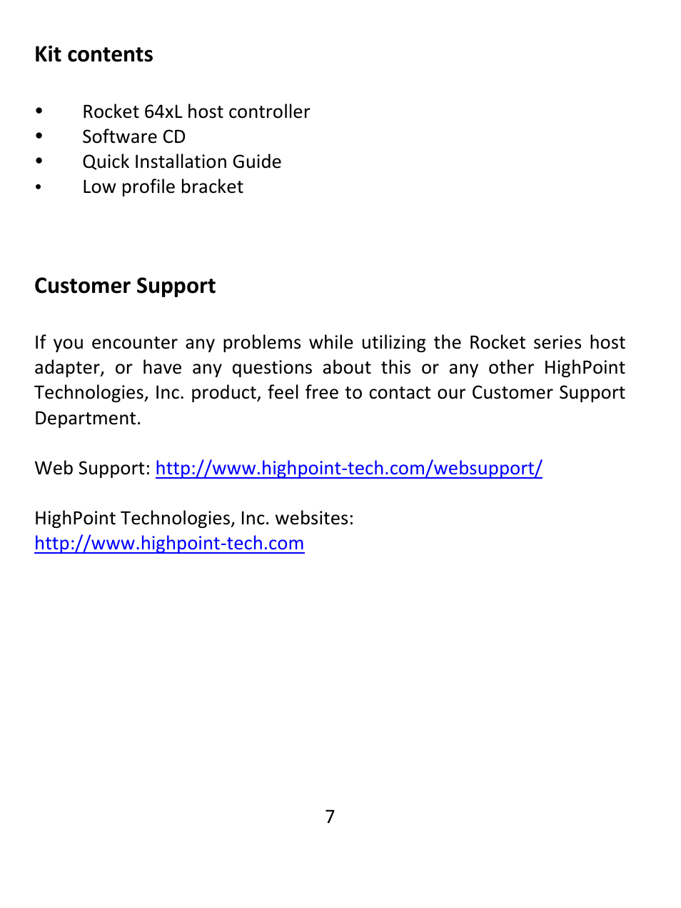 Kit contents, Customer support | HighPoint Rocket 644L User Manual | Page 7 / 8