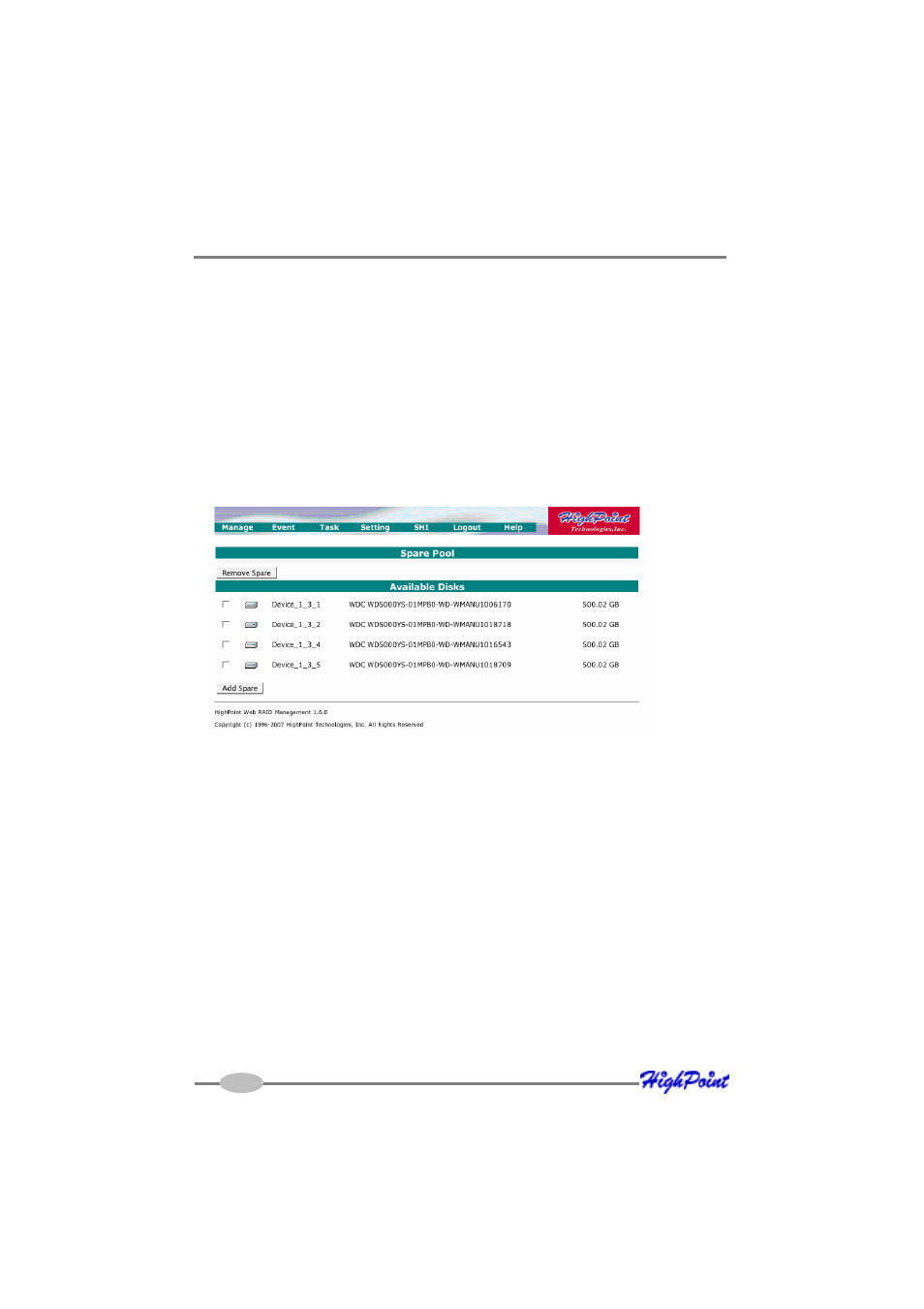 5 configuring spare disks, 6 managing events and tasks | HighPoint RocketRAID 3510 User Manual | Page 48 / 80