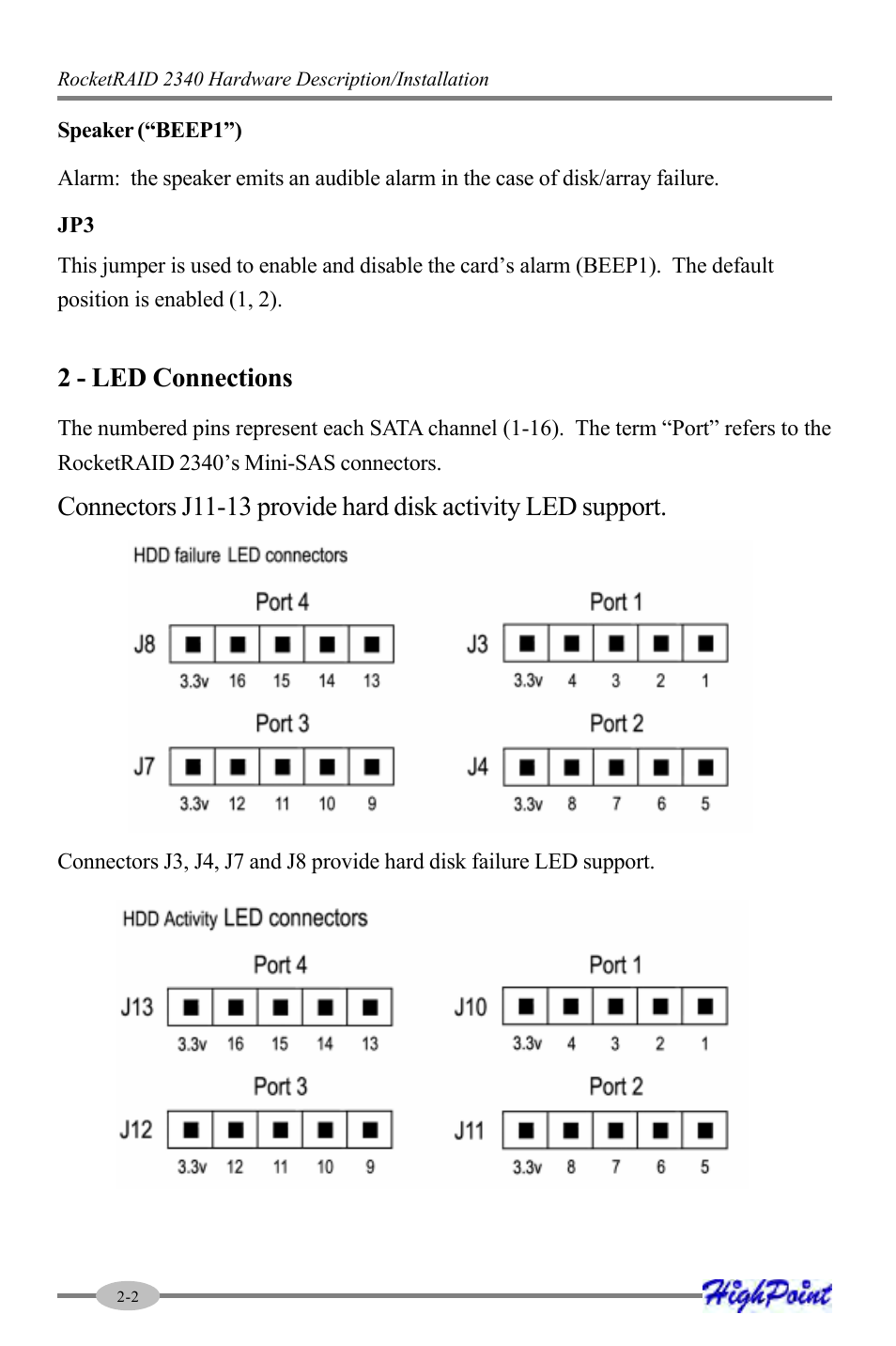 2 - led connections | HighPoint RocketRAID 2340 User Manual | Page 12 / 76