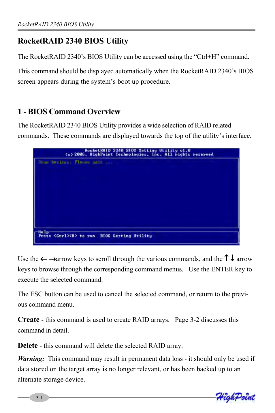 Rocketraid 2340 bios utility, 1 - bios command overview | HighPoint RocketRAID 2340 User Manual | Page 16 / 76