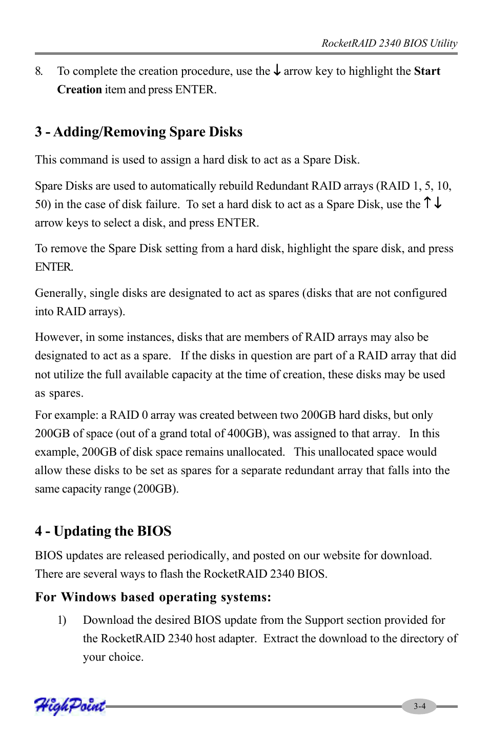 3 - adding/removing spare disks, 4 - updating the bios | HighPoint RocketRAID 2340 User Manual | Page 19 / 76