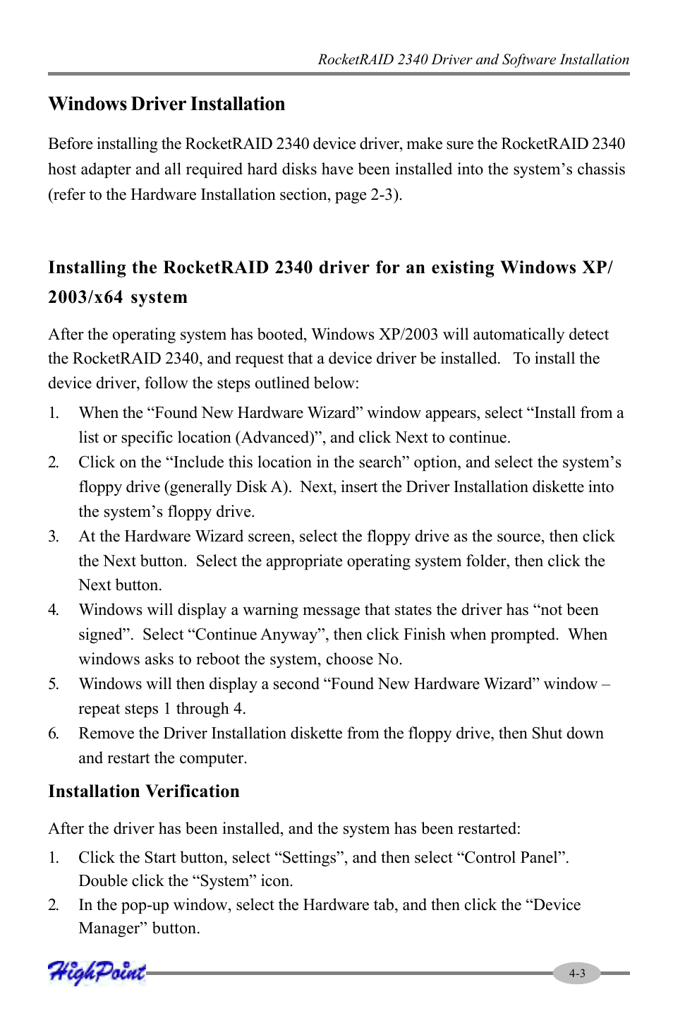 Windows driver installation | HighPoint RocketRAID 2340 User Manual | Page 27 / 76