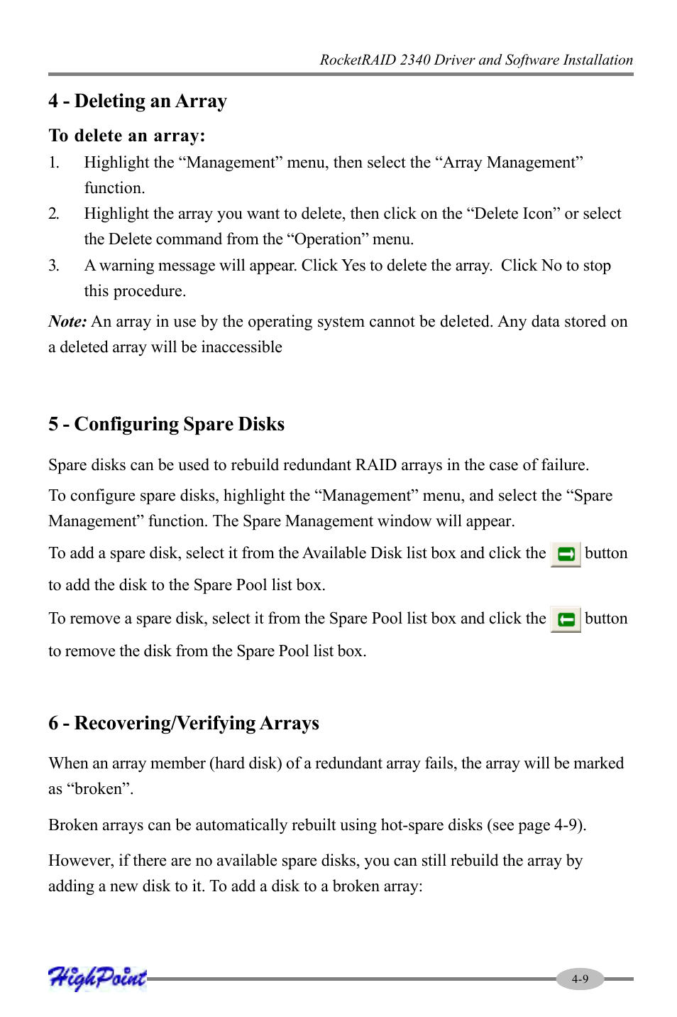 4 - deleting an array, 5 - configuring spare disks, 6 - recovering/verifying arrays | HighPoint RocketRAID 2340 User Manual | Page 33 / 76