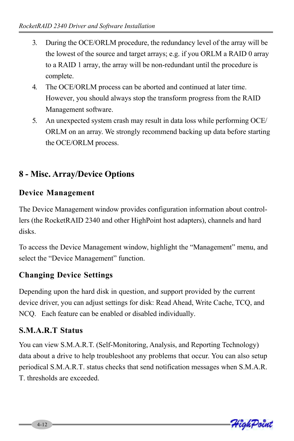 8 - misc. array/device options | HighPoint RocketRAID 2340 User Manual | Page 36 / 76