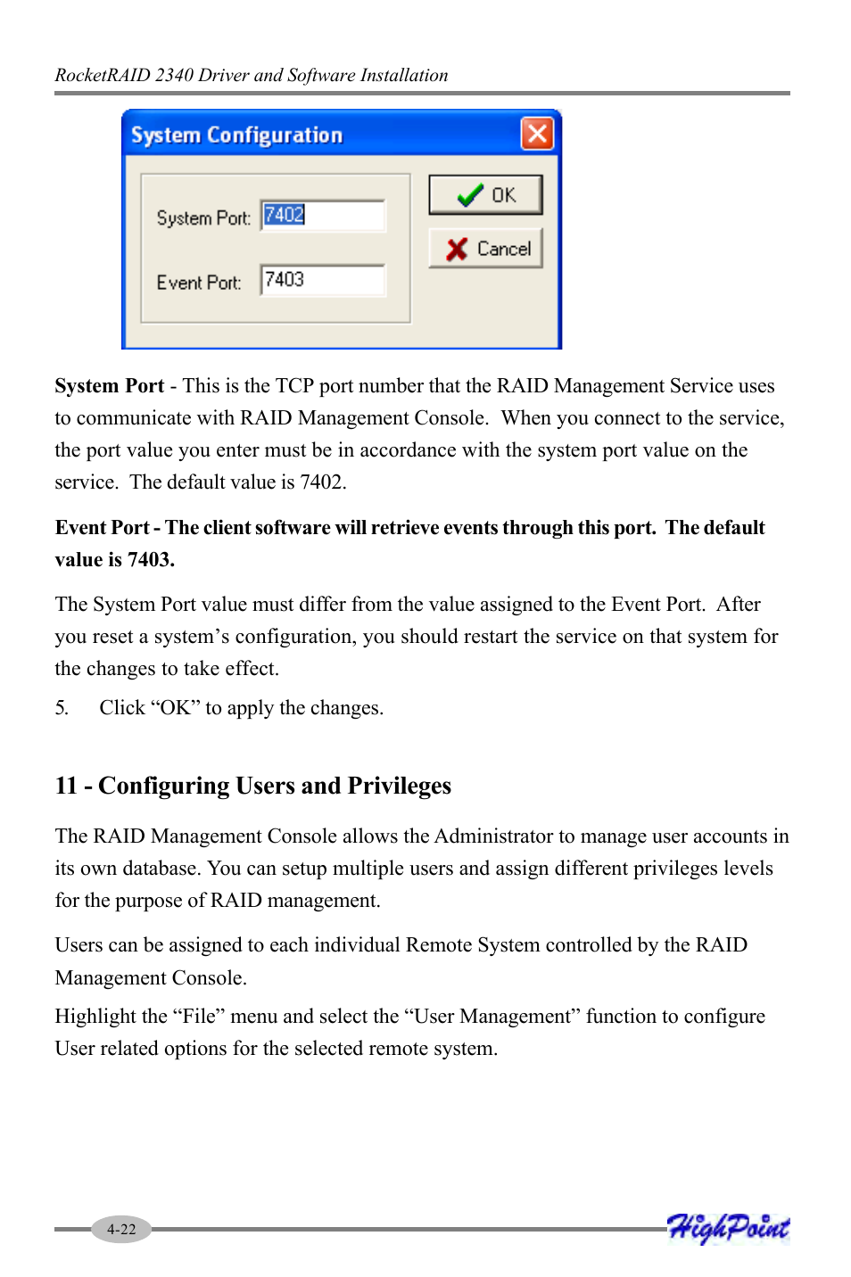 11 - configuring users and privileges | HighPoint RocketRAID 2340 User Manual | Page 46 / 76