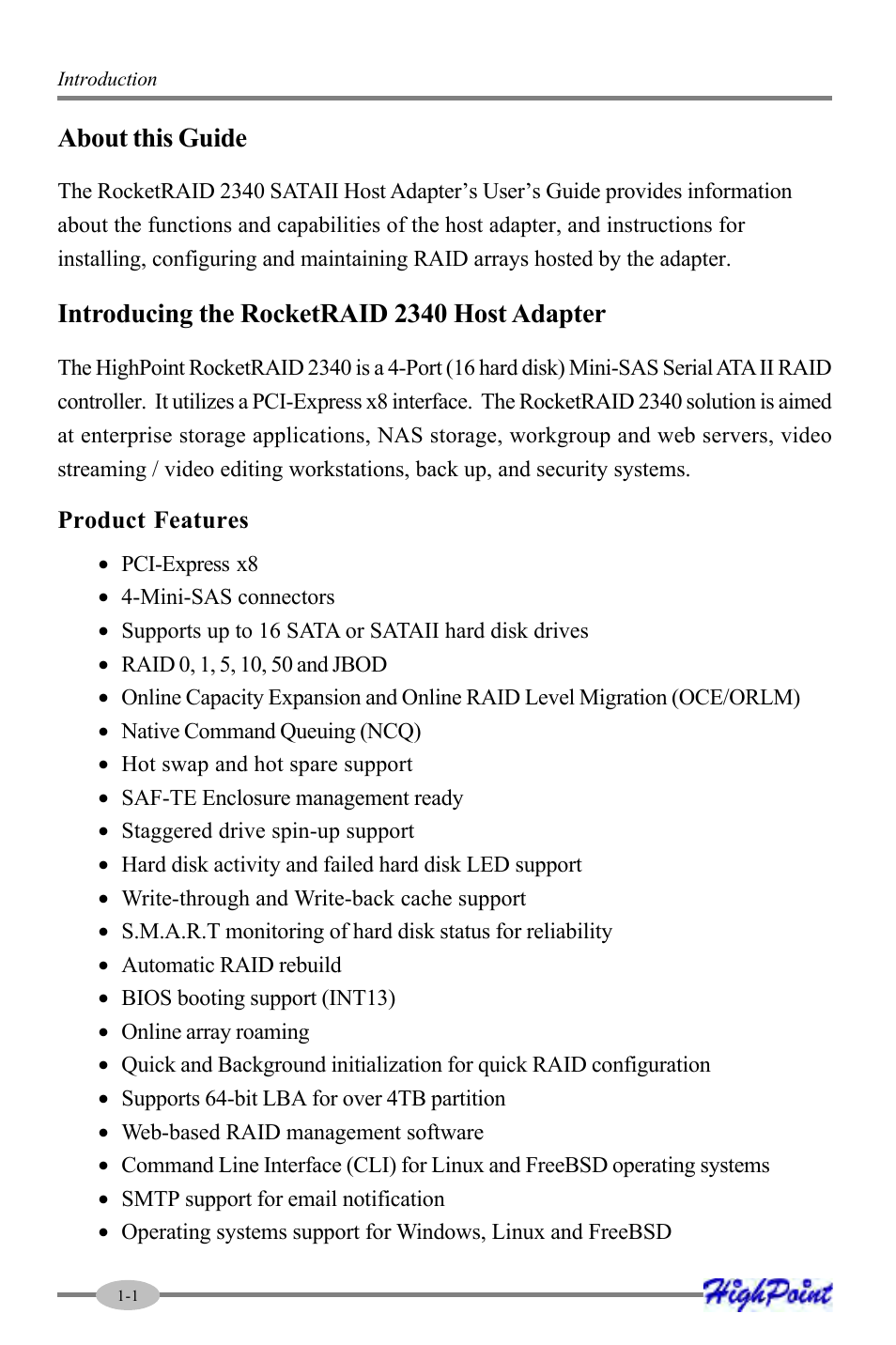 About this guide, Introducing the rocketraid 2340 host adapter | HighPoint RocketRAID 2340 User Manual | Page 6 / 76