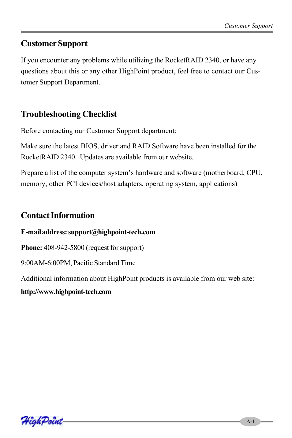 Customer support, Troubleshooting checklist, Contact information | HighPoint RocketRAID 2340 User Manual | Page 75 / 76
