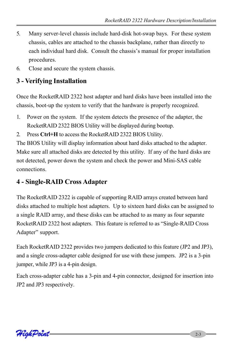 3 - verifying installation, 4 - single-raid cross adapter | HighPoint RocketRAID 2322 User Manual | Page 13 / 73