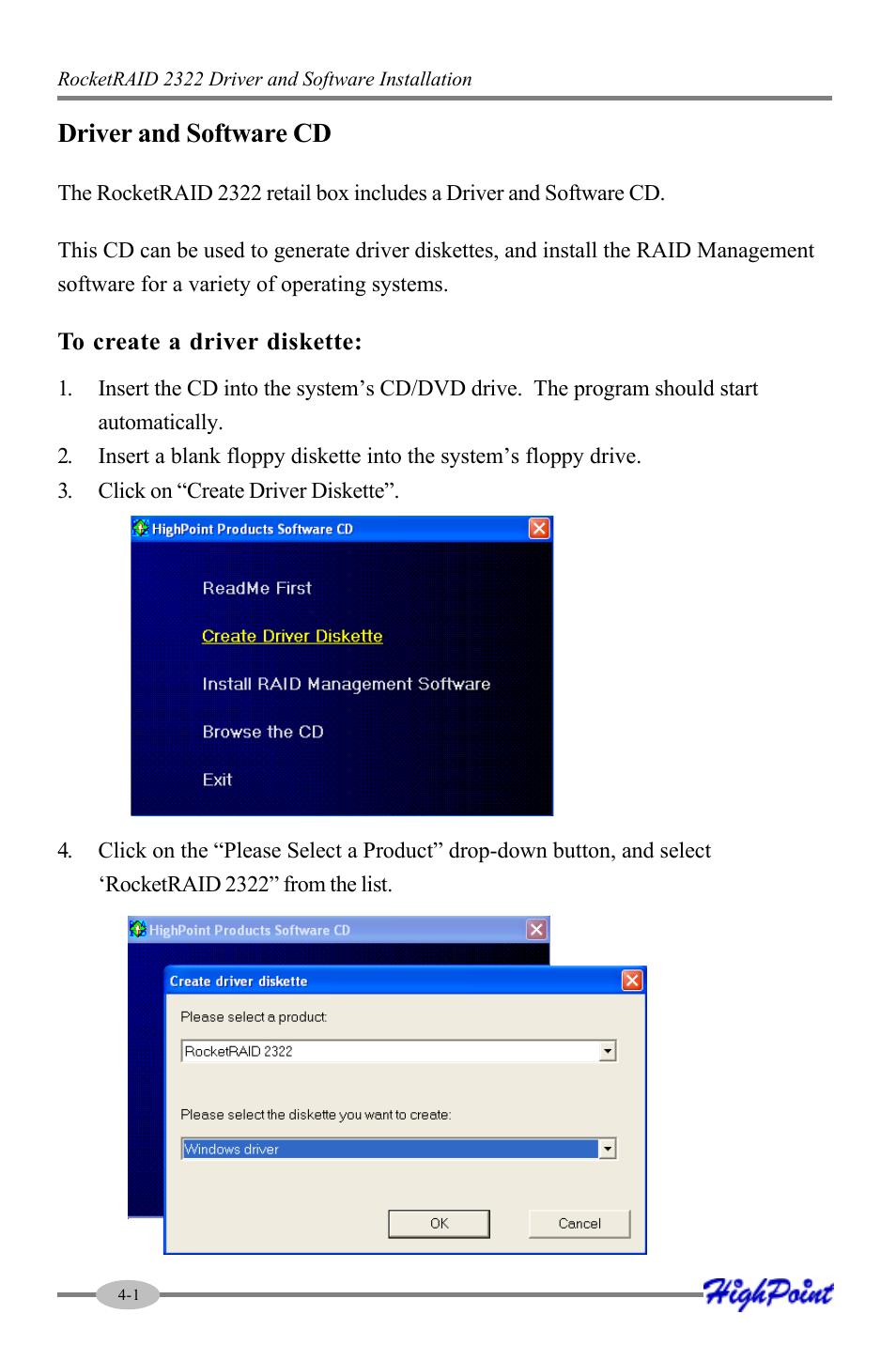 Driver and software cd | HighPoint RocketRAID 2322 User Manual | Page 24 / 73