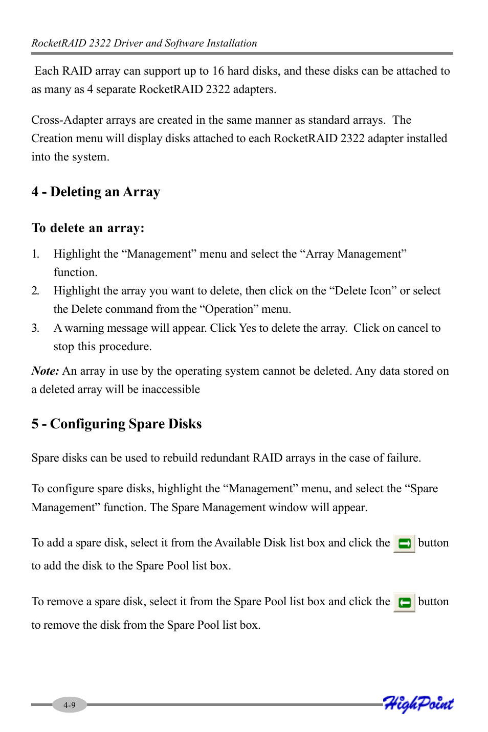 4 - deleting an array, 5 - configuring spare disks | HighPoint RocketRAID 2322 User Manual | Page 32 / 73