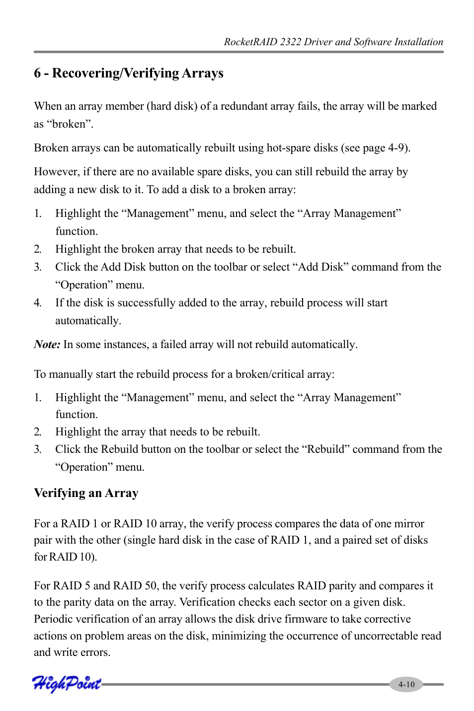 6 - recovering/verifying arrays | HighPoint RocketRAID 2322 User Manual | Page 33 / 73